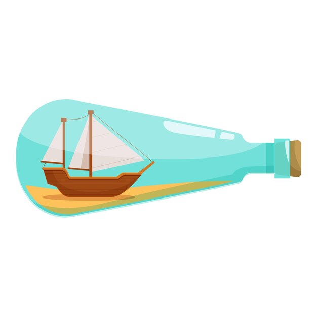 Wooden sailboat sailing on blue water inside a glass bottle