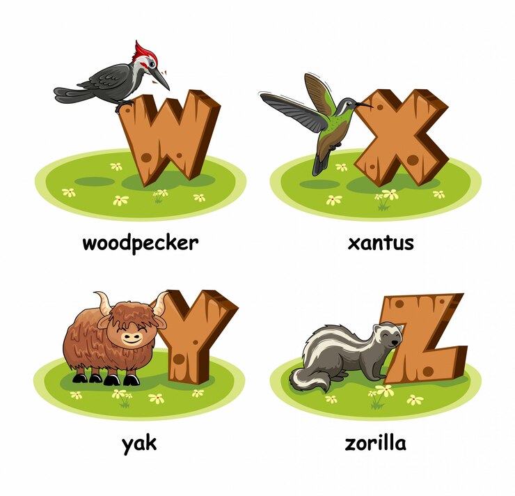 Vector woodpecker xantus bird yak zorilla wooden alphabet animals
