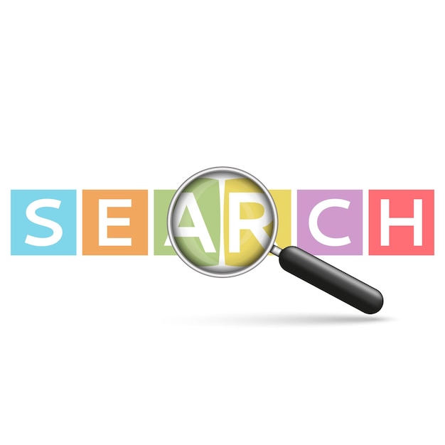 Word search emblem on multicolored cubes with realistic magnifier seo technology conceptual vector illustration