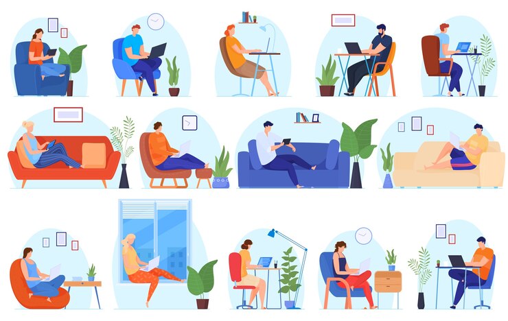 Vector work at home. people work at home in a comfortable environment. free work schedule, informal atmosphere, houseplants. illustration