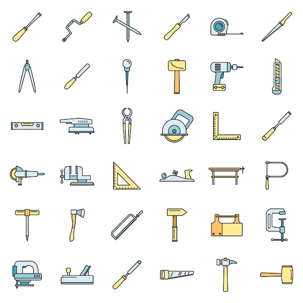 Work carpenter tools icons set vector color line
