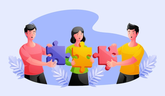 Work team joining puzzle pieces