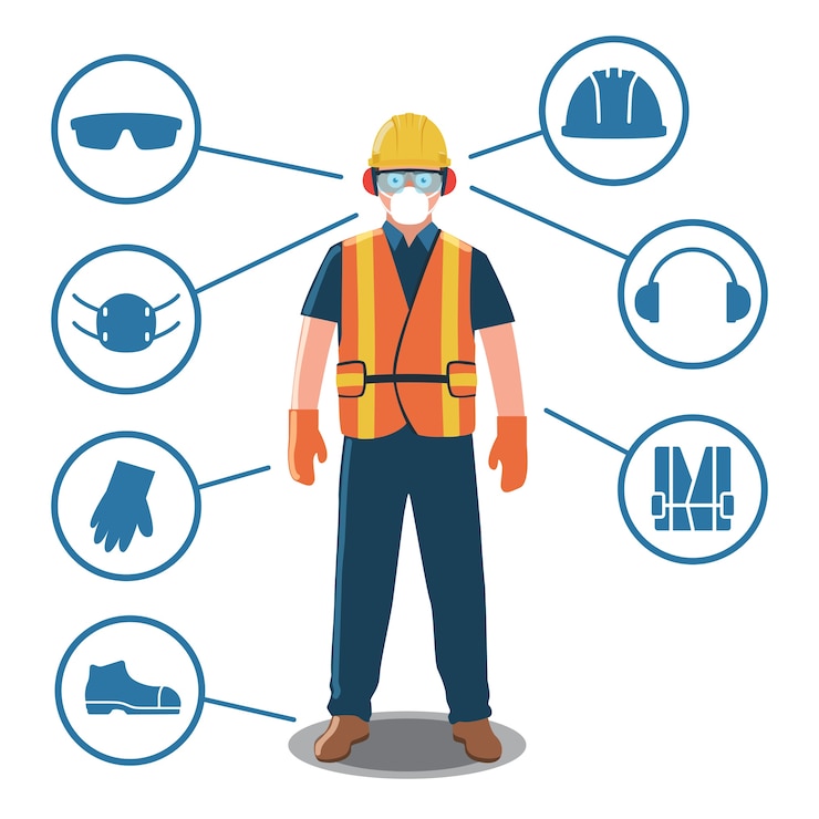 Vector worker with personal protective equipment and safety icons