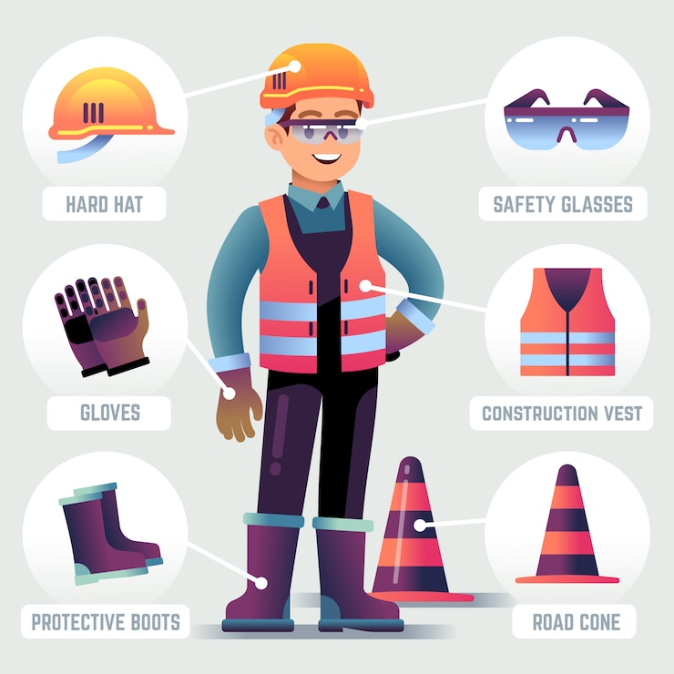 Vector worker with safety equipment. man wearing helmet, gloves glasses, protective gear. builder protection clothing ppe vector infographic
