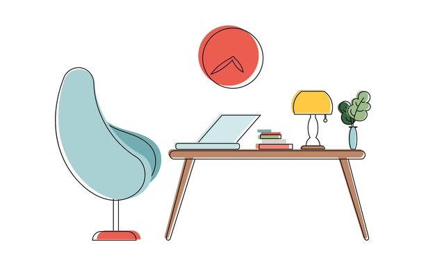 Workplace in line art colored style Armchair table desk lamp laptop books clock houseplant Good for design applications banners postcards or presentations Universal concept Vector