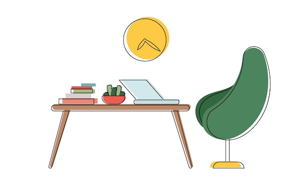 Workplace in line art colored style Chair table laptop books clock houseplant Good for design applications banners postcards or presentations Universal concept Vector