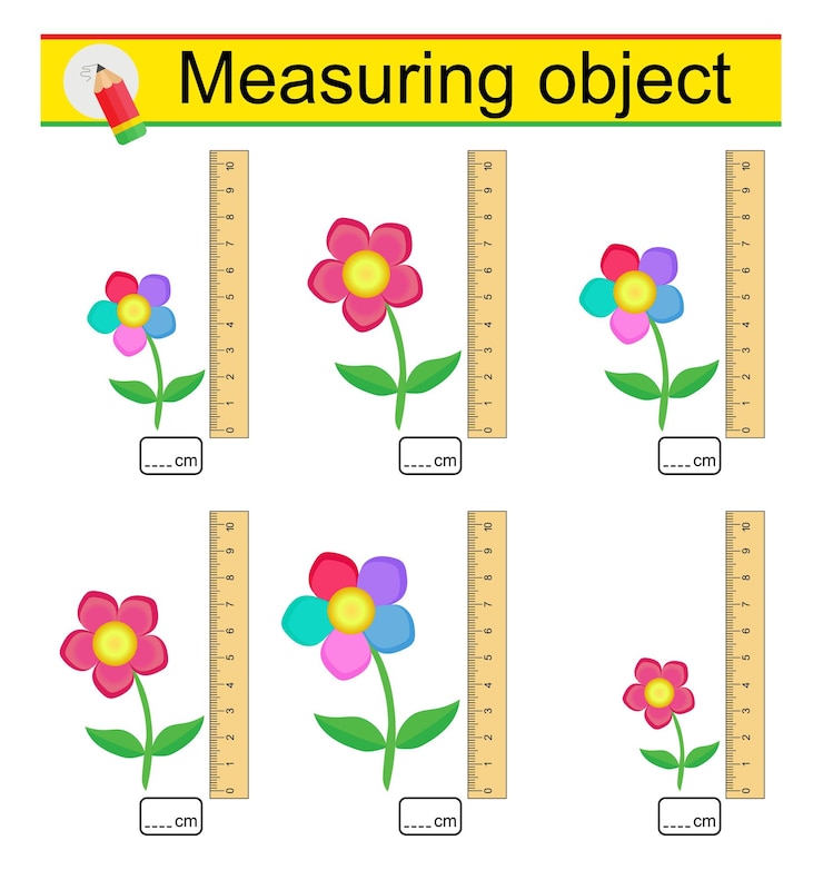 Vector worksheet for preschool kids measuring the length of cute flowers with a ruler