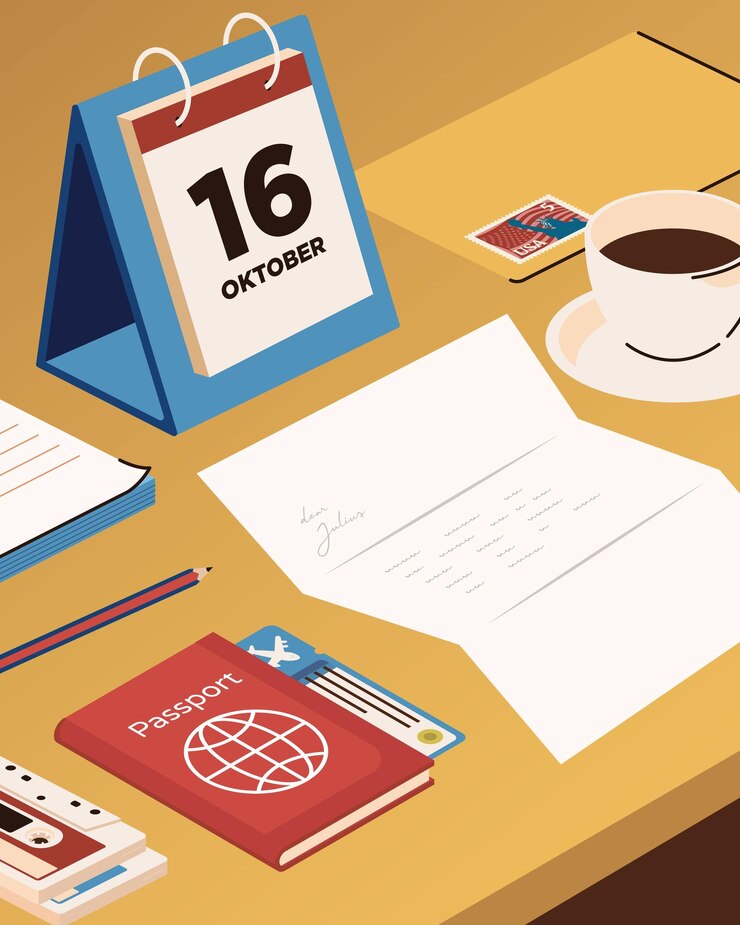 Vector workspace isometric concept vector illustration notebook coffee compact cassette mail calendar