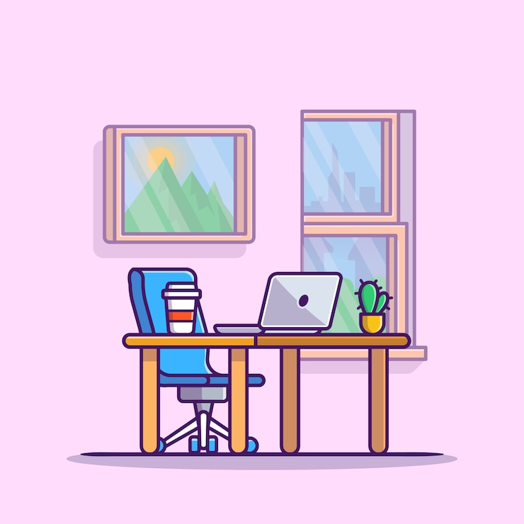 Vector workspace laptop with coffee and plant cartoon icon illustration. workplace technology icon concept isolated premium . flat cartoon style
