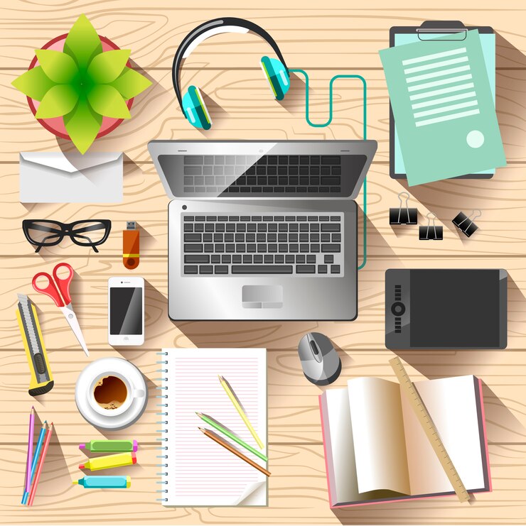 Vector workspace top view. office desk 