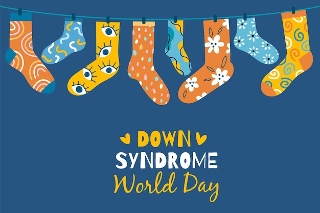 World day of Down syndrome poster Trendy patterned socks hanging on clothesline modern designs footwear textile clothing vector concept