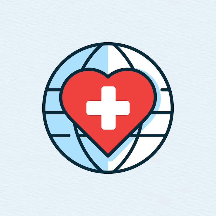 Vector world health and medical logo icon with world map and heart sign