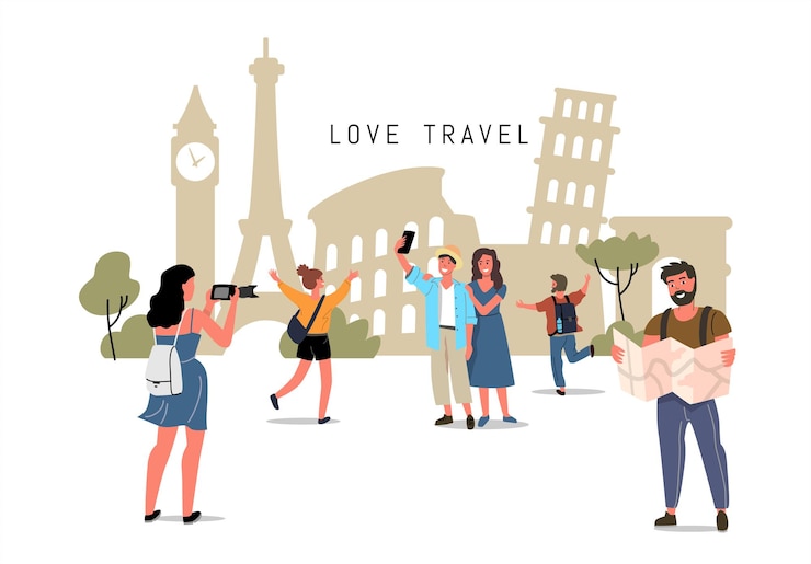 Vector world landmarks and tourists travel theme cartoon characters