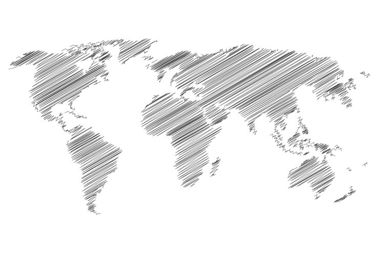 Vector world map gray hatched silhouette on a white background