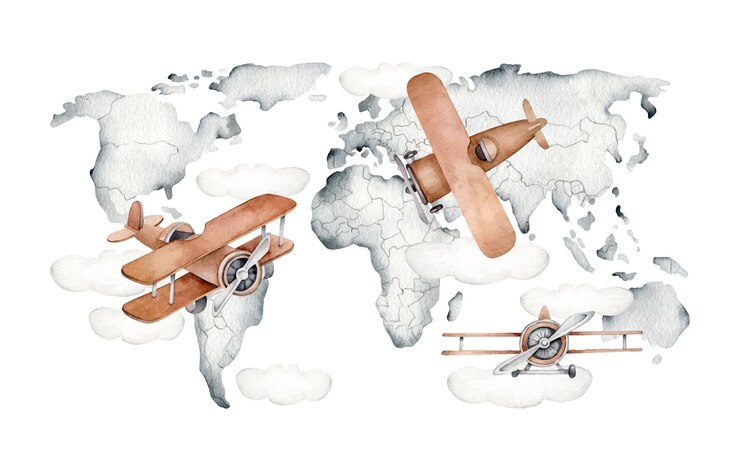 World map with airplanes