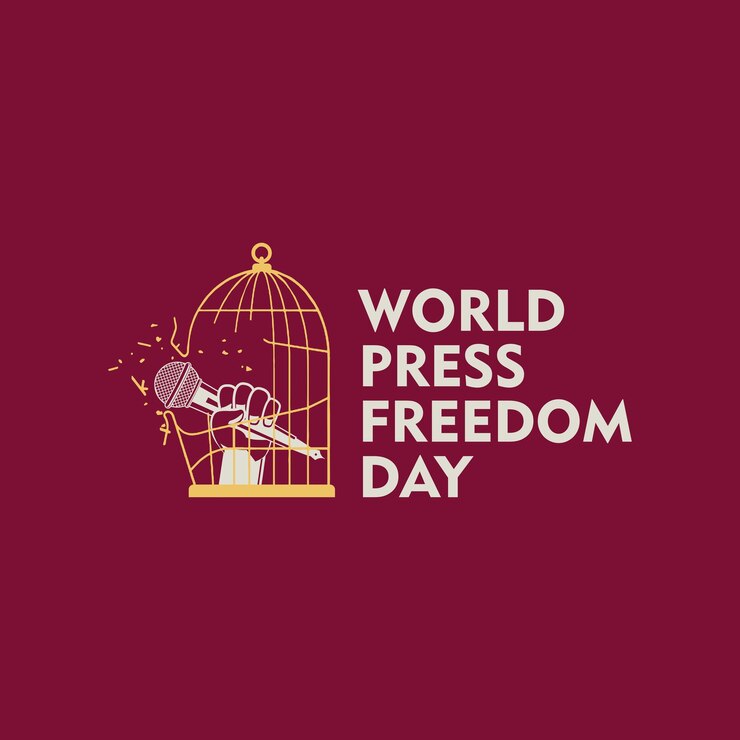 World press freedom day concept 2023 cage with a hand holding a microphone and a pen