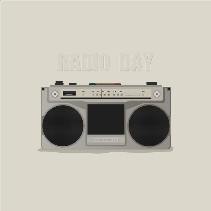 Vector world radio day poster with gray antique radio design