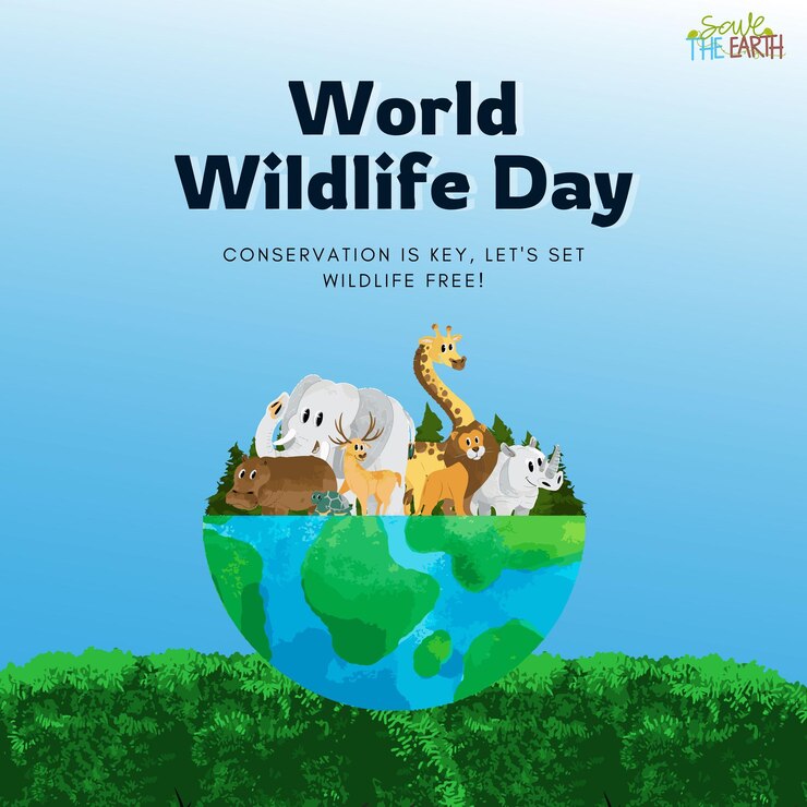 Vector world wildlife day happy wildlife day with animals in forest together on split globe