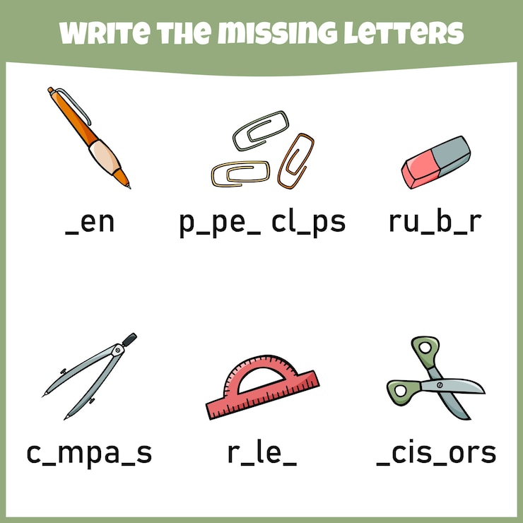Vector write the missing letter worksheet for education fill in the missing letter