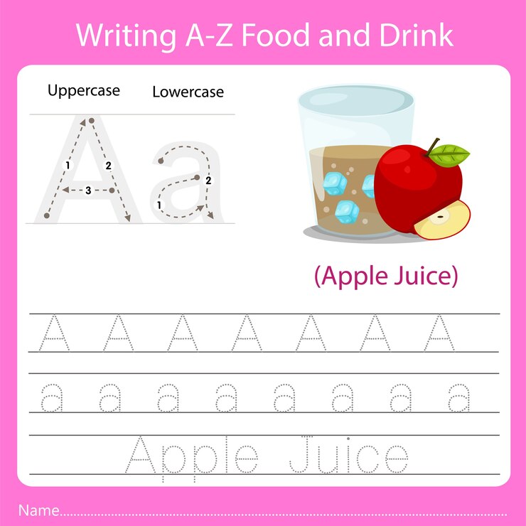 Vector writing a-z food and drink. handwriting practice