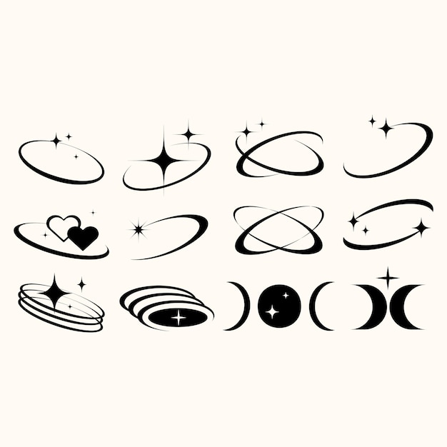 y2k style starbursts sparkles and orbit shapes with a retro futuristic aesthetic vector set