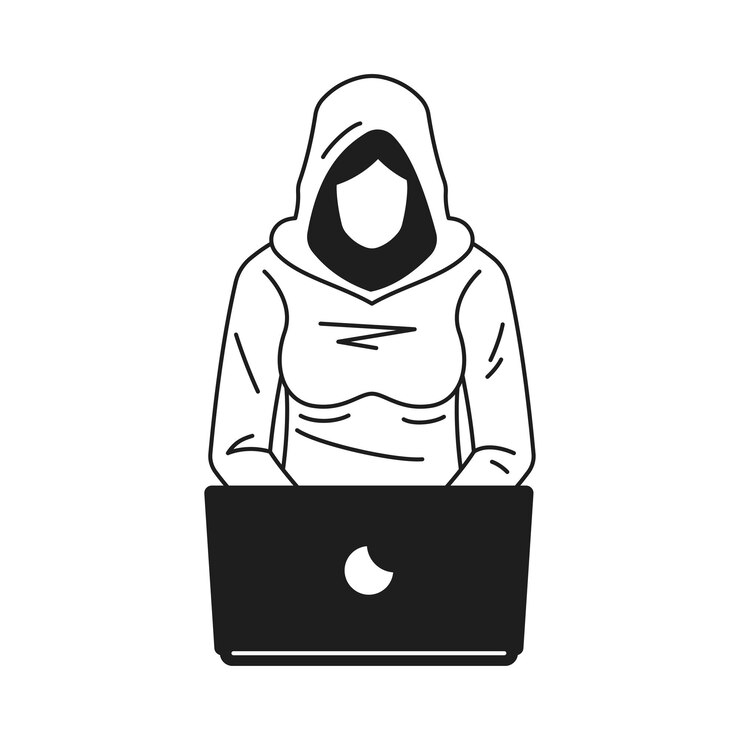 Vector y2k woman hacker cyber crime working laptop monochrome line retro groovy icon vector illustration