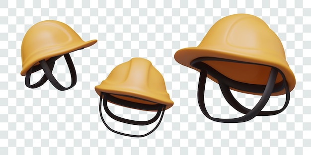 Yellow helmet of construction worker in different positions Hard hat with peak and straps