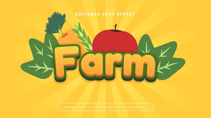 Vector yellow red and green farm 3d editable text effect font style