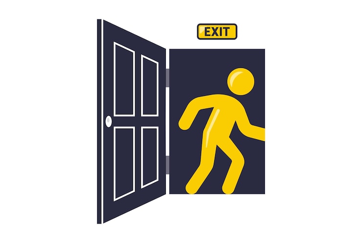 Vector yellow sign evacuation from a burning building. flat vector illustration
