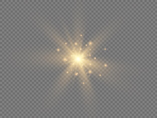 Yellow sun sparkles Bright flash Lighting flare Set glowing light effect Glitter star sparks Vector