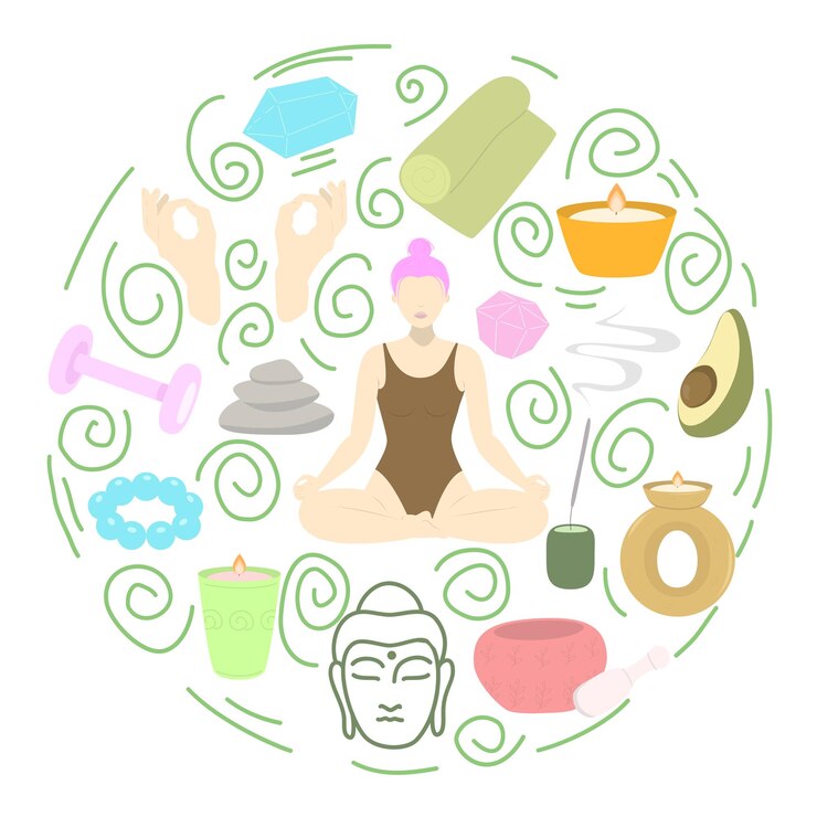 Yoga items vector set flat yoga elements set with woman in lotus pose mat candle crystal rock
