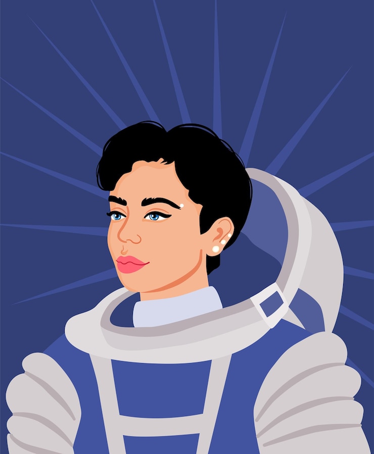 Vector young astronaut female in spacesuit, and open helmet. detailed portrait of woman scientist.