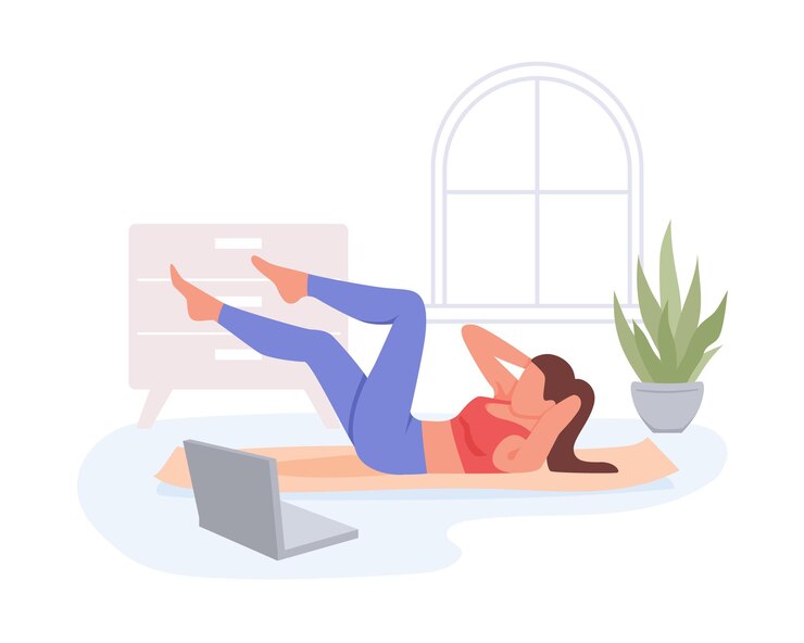 Vector young athletic woman doing sports at home female character pumping abs while looking at laptop classes with online instructor at home fitness by video lessons sprinter crunch