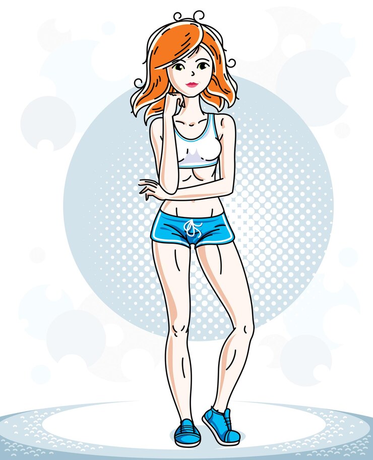 Vector young beautiful red-haired sporty woman standing. vector character wearing shorts. sport and fitness theme.