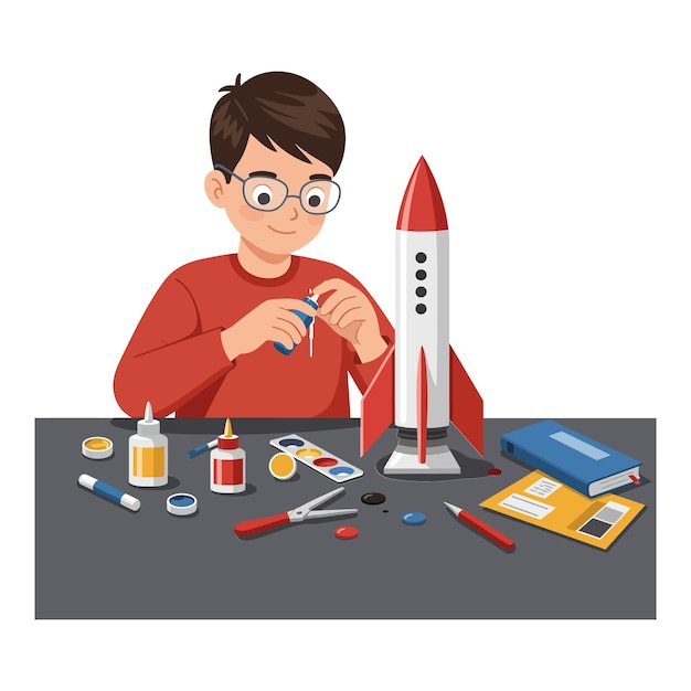 Young boy assembling model rocket with colorful paints and tools on table