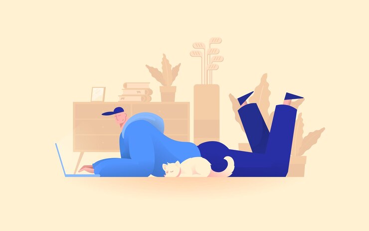 Vector young boy operating laptop while his dog sleeps conceptual flat illustration