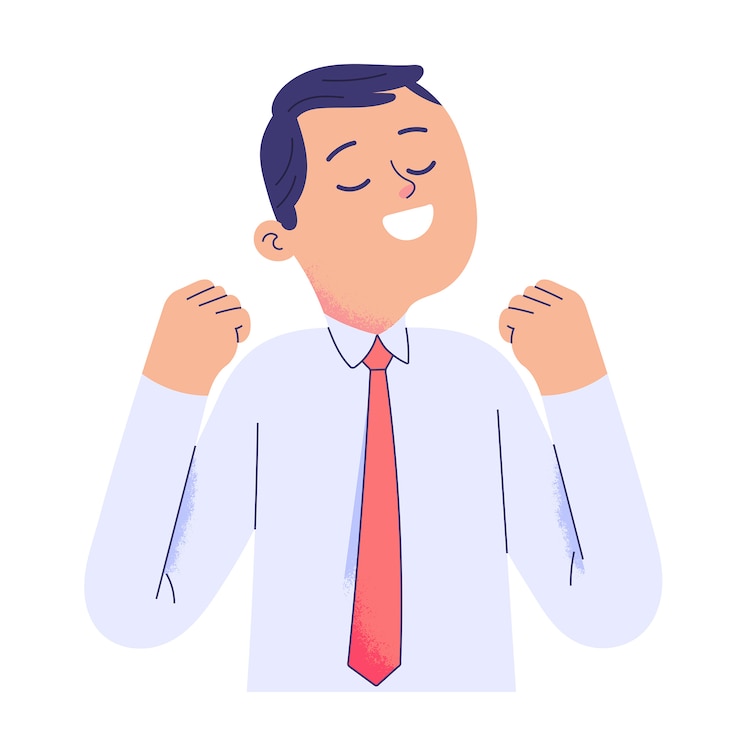 Vector young businessman raised two hands and smiled in relief