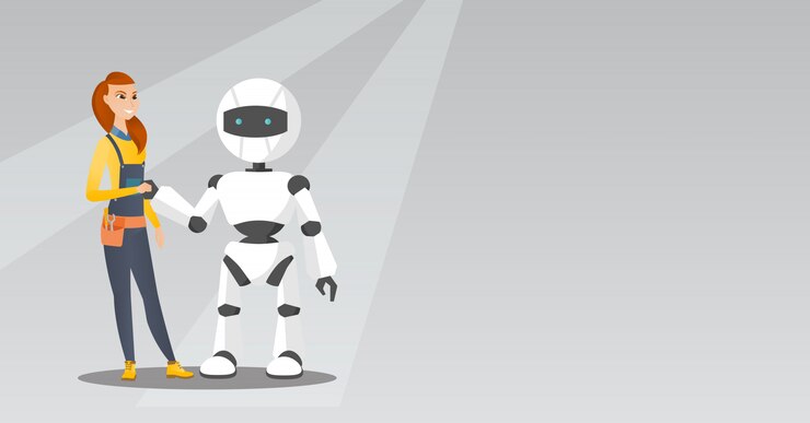 Vector young caucasian woman handshaking with robot