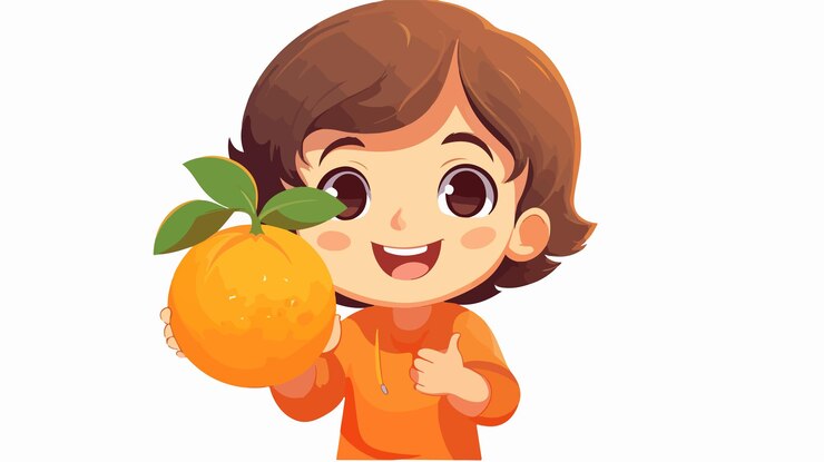 Vector young child holding ripe orange fruit from farm cart