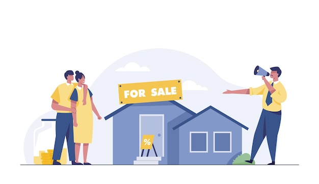 Young couple buying new house. Happy woman and man standing in front of house.