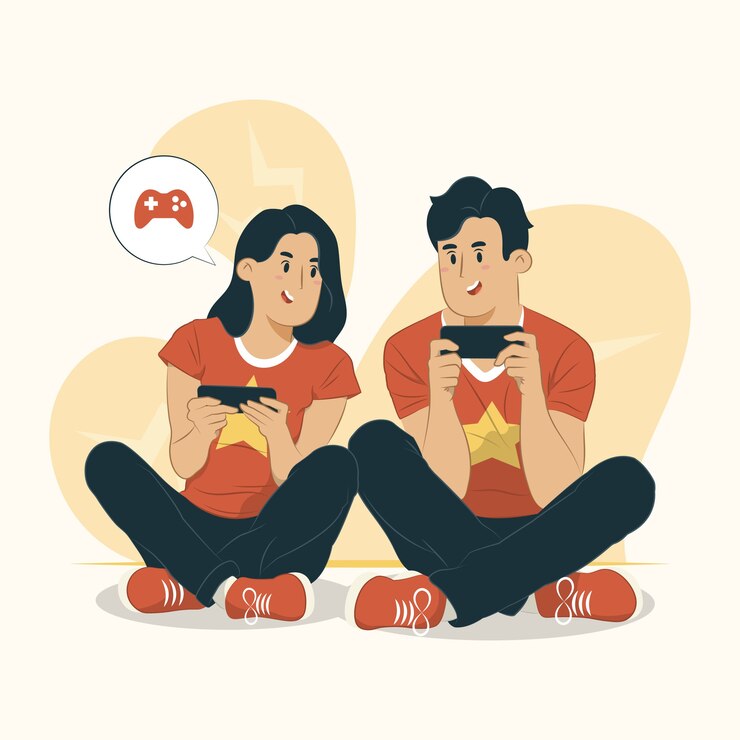Vector young couples play mobile games concept