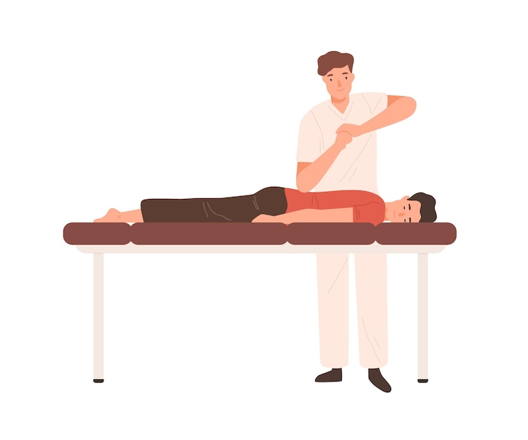 Vector young doctor, chiropractor or osteopath massaging patient on couch. professional physiotherapist making elbow massage. flat vector cartoon illustration isolated on white background.
