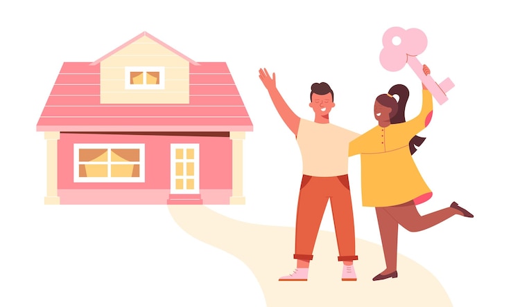 Vector young guy and girl buy rent a house buying property investments