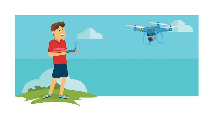 Vector young guy playing camera drone outdoor