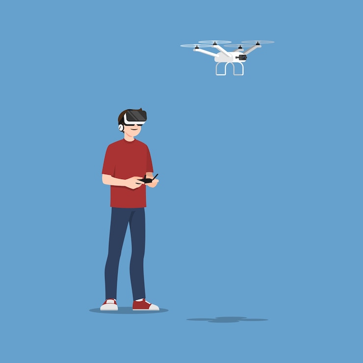 Vector young handsome man character wear vr glasses controlling a drone multi-copter with camera