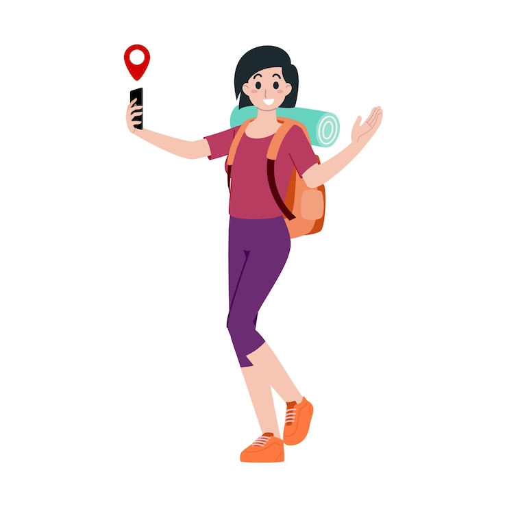 Vector young happy woman tourist flat cartoon character traveling people on summer vacation trip isolated on white background