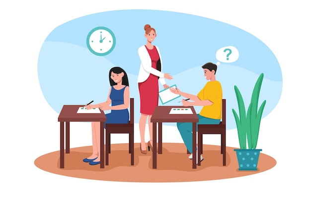 young male and female characters are passing the exam students in the classroom at desks with test