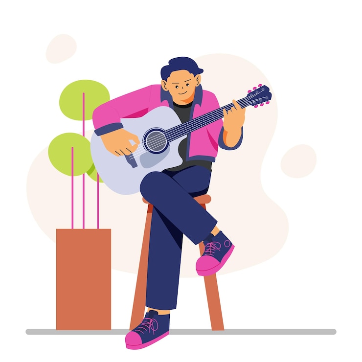 Vector young male character playing guitar illustration