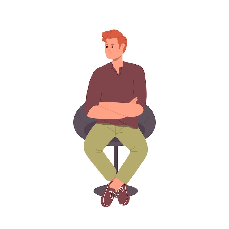 Vector young man character sitting on chair with folded arms in waiting pose isolated on white background