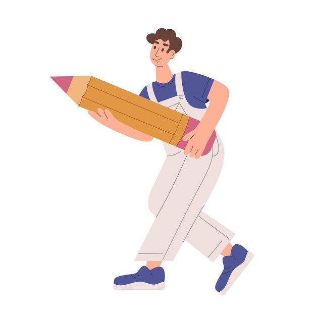 Young man in overalls is holding a pencil The concept of a modern artist student writer
